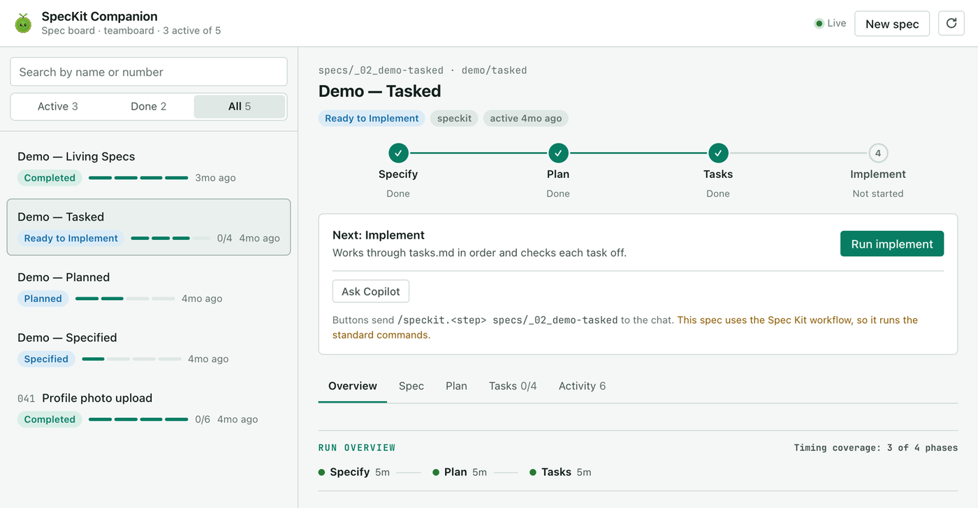 The spec board in the GitHub Copilot app: every spec with its status on the left, and the selected spec on the right with its four steps and a Run implement button.